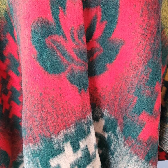 Vintage Wool Blanket Poncho/ 60's Airbrushed Stencil Print Wool/ L-XL - Picture 3 of 10